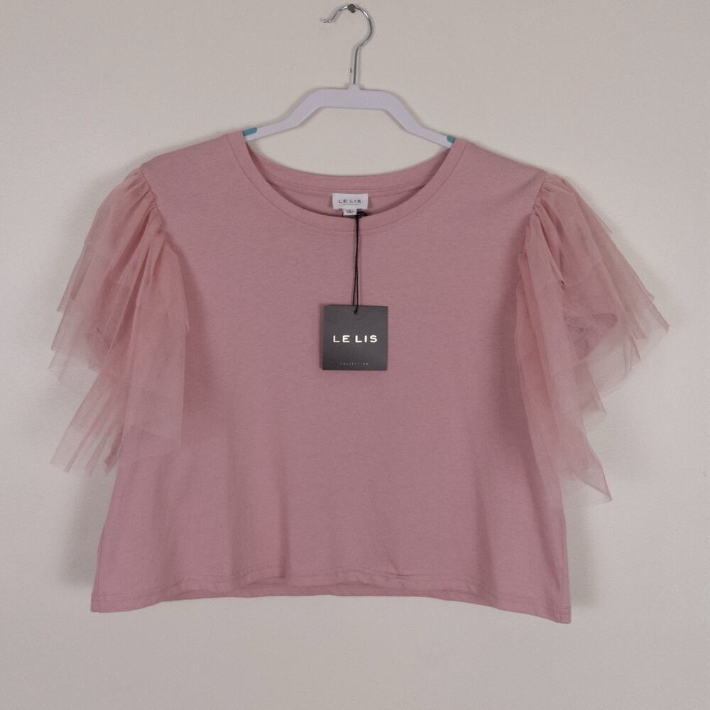 NWT Le Lis Pink Tulle Ruffle Sleeve Boxy T Shirt Size L Whimsical Fairy Coquette - Picture 1 of 8
